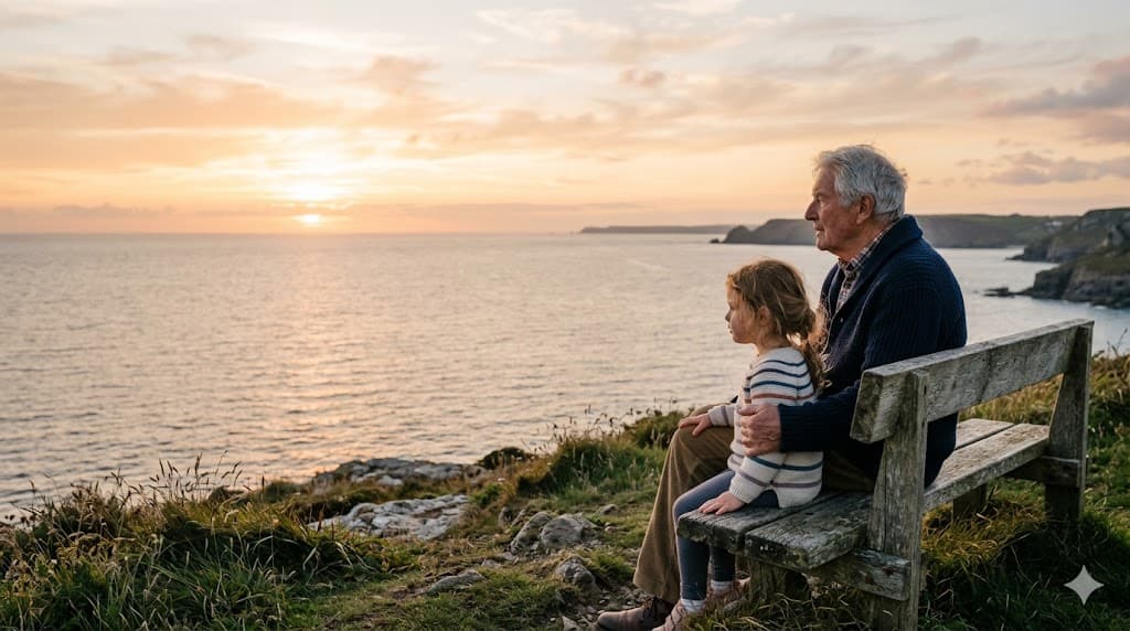 An older man and a child sitting together on a bench overlooking the sea at sunset