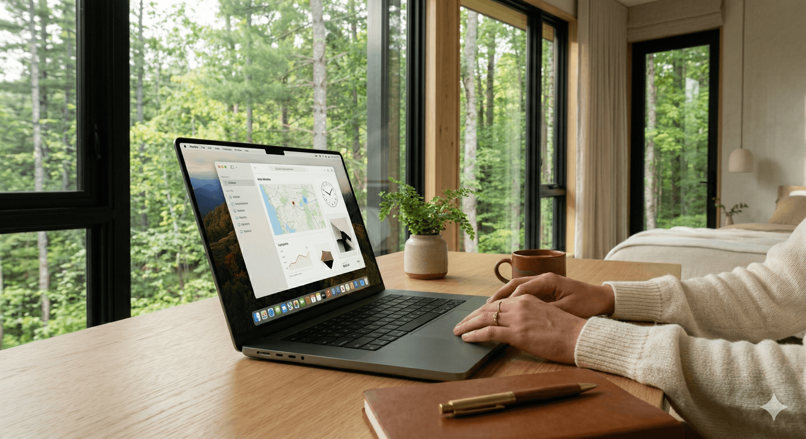 A person working on a laptop beside a notebook in a quiet room overlooking trees