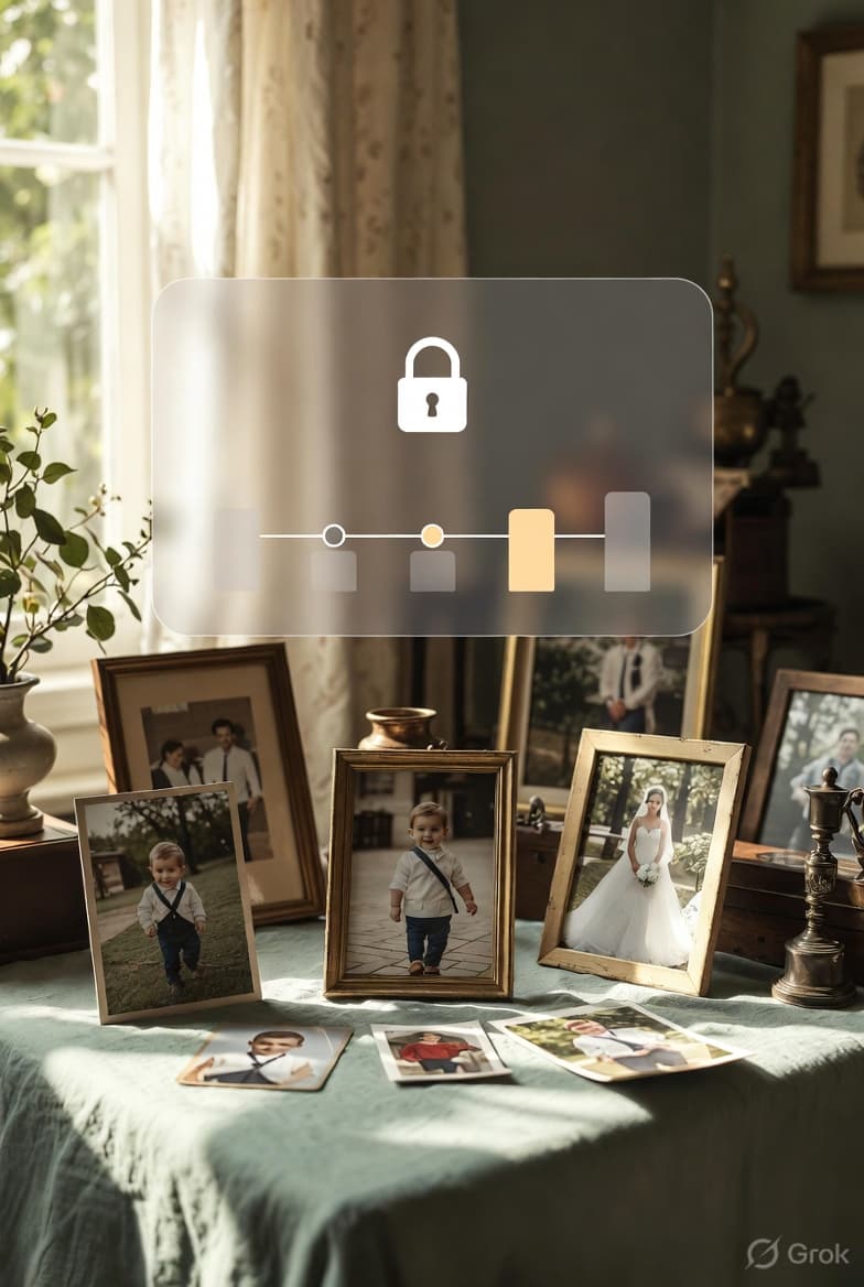 Family photographs with a transparent privacy slider interface displayed above them