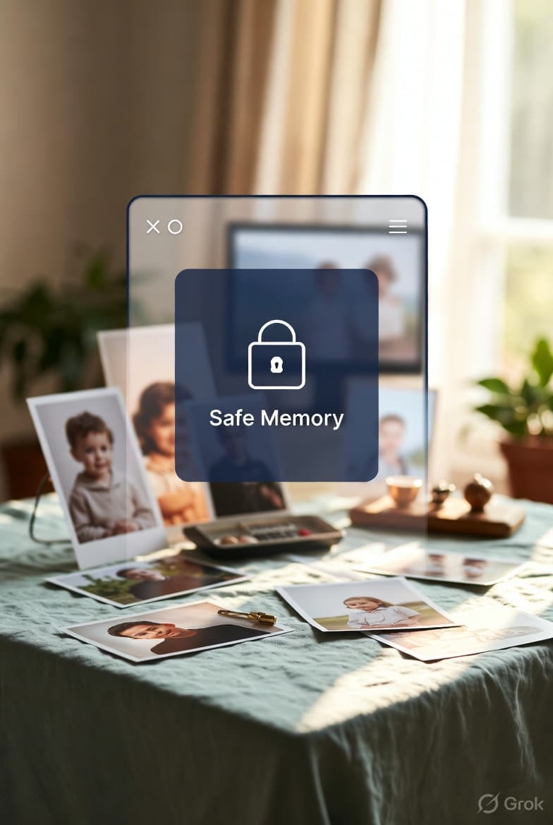A secure overlay on top of family photographs displayed on a table